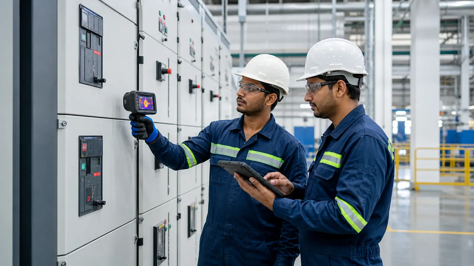 Electrical safety engineer inspecting industrial switchgear with diagnostic instruments