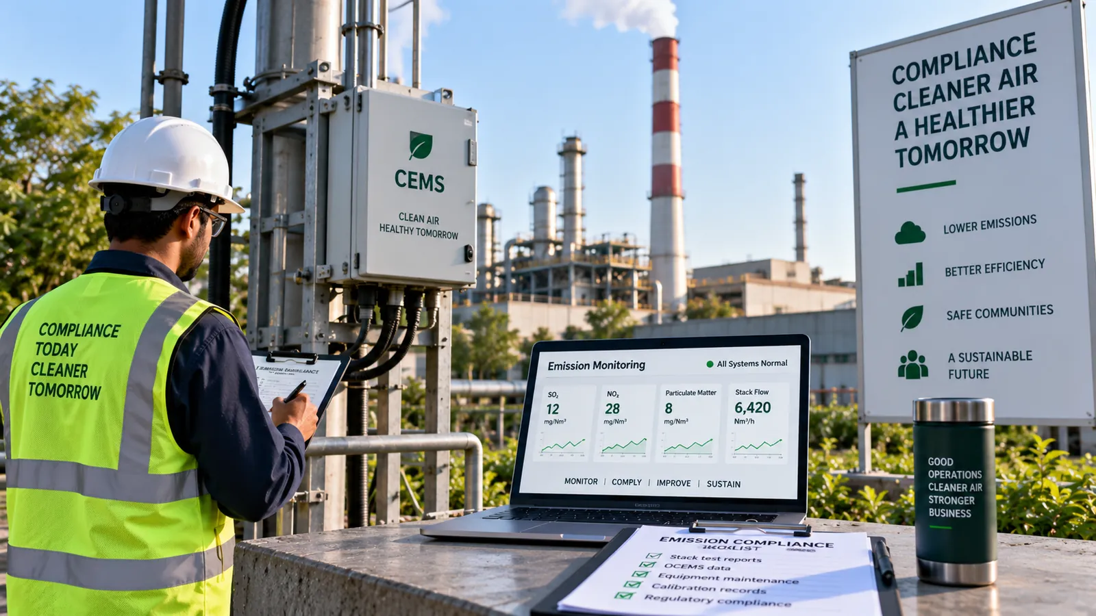 Industrial sustainability engineer monitoring emissions and renewable energy performance