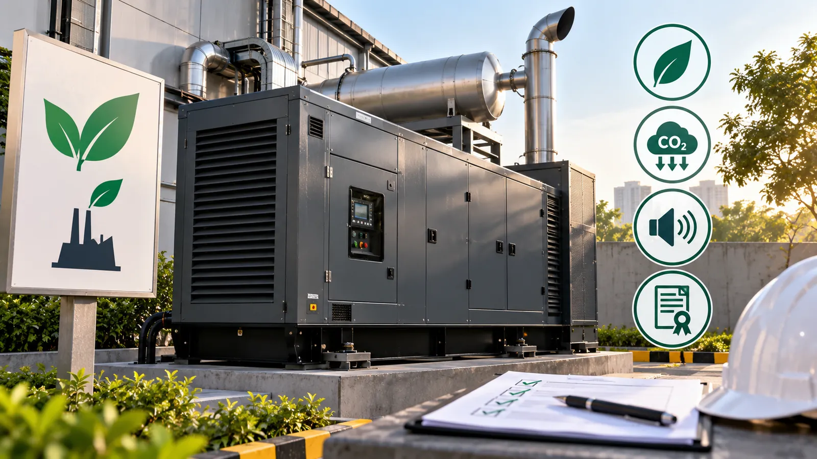 Engineer reviewing generator emissions and environmental compliance records