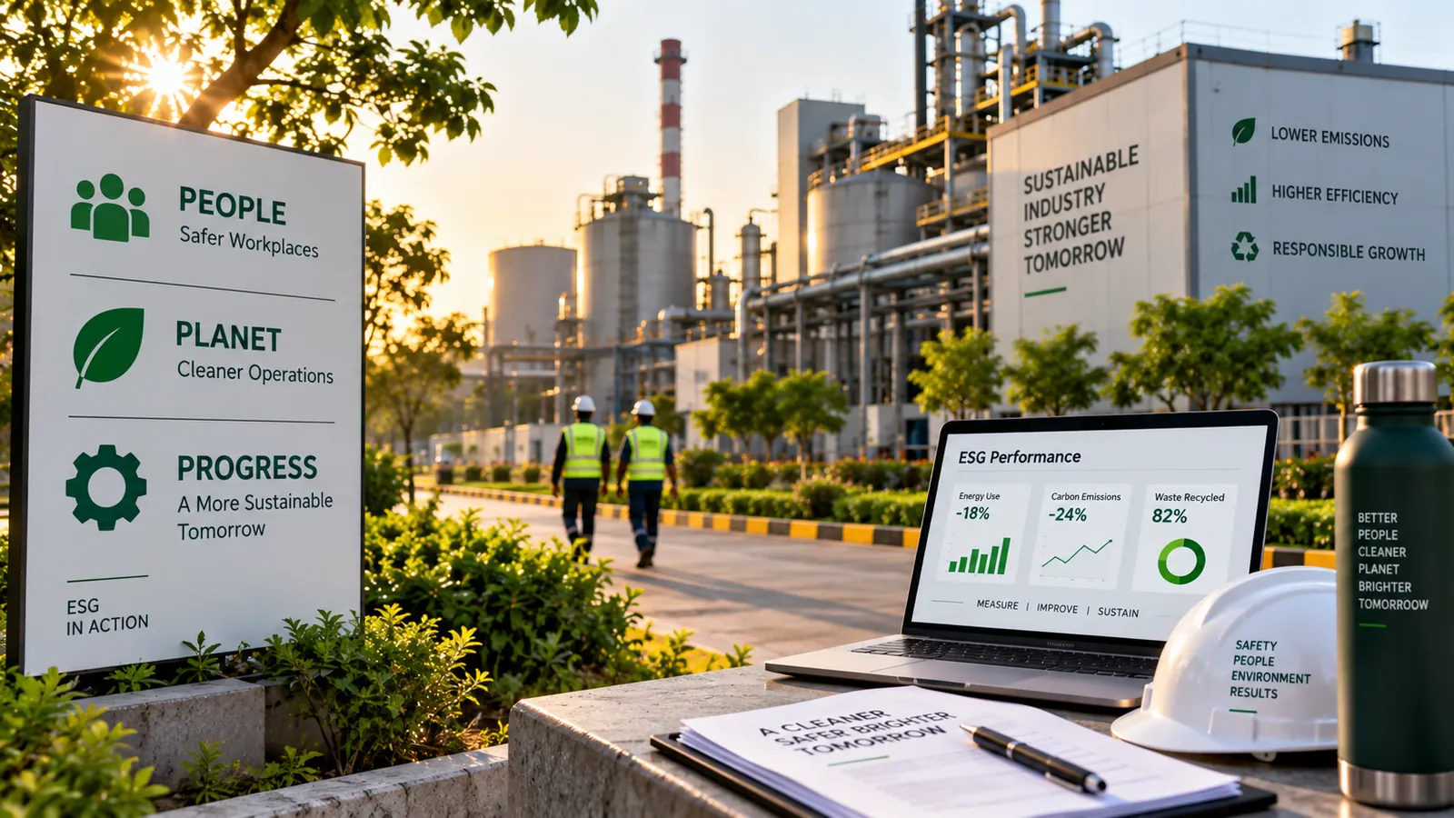 Industrial sustainability engineer monitoring emissions and renewable energy performance