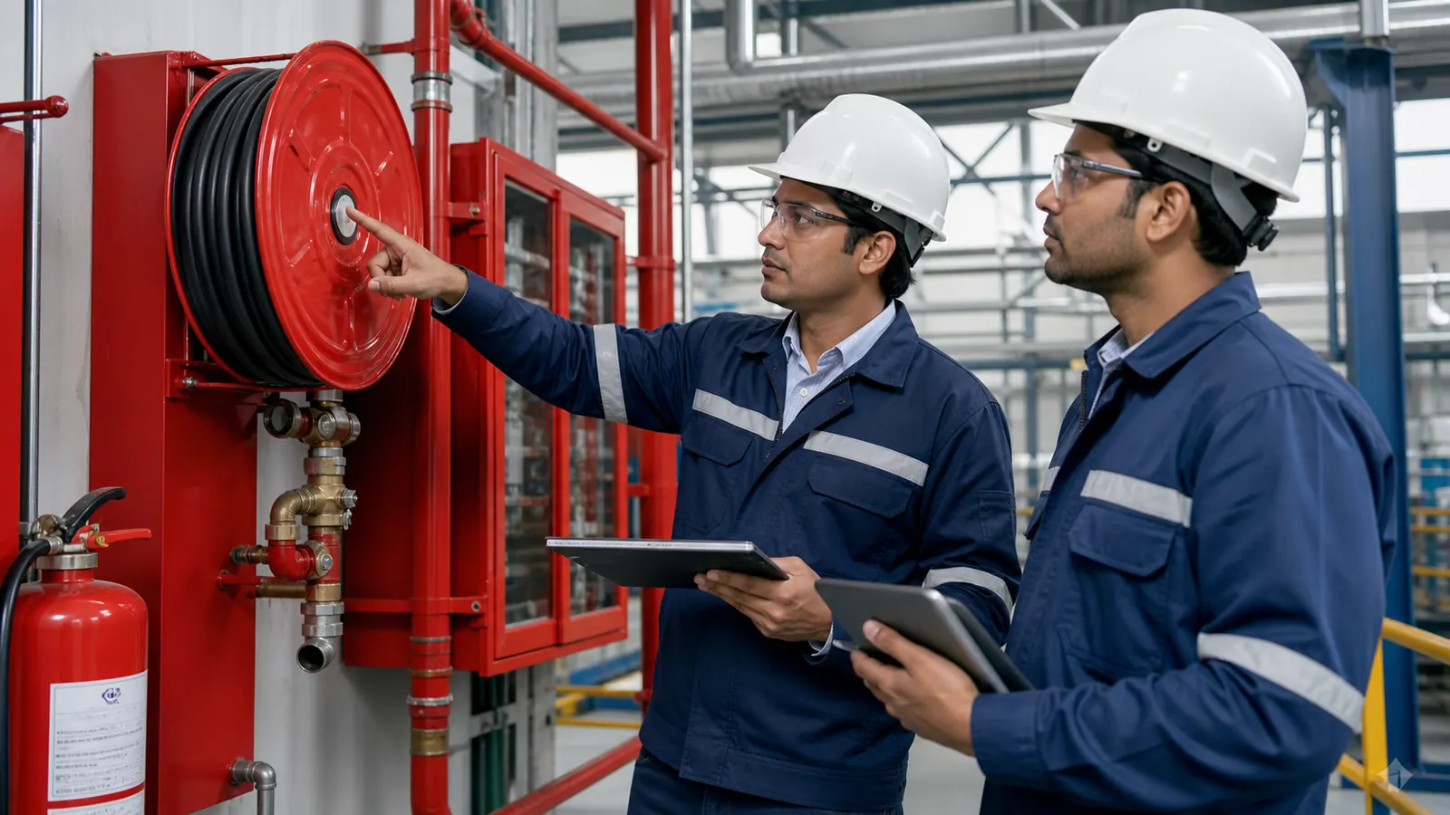 HSE auditor reviewing industrial workplace controls with operations personnel