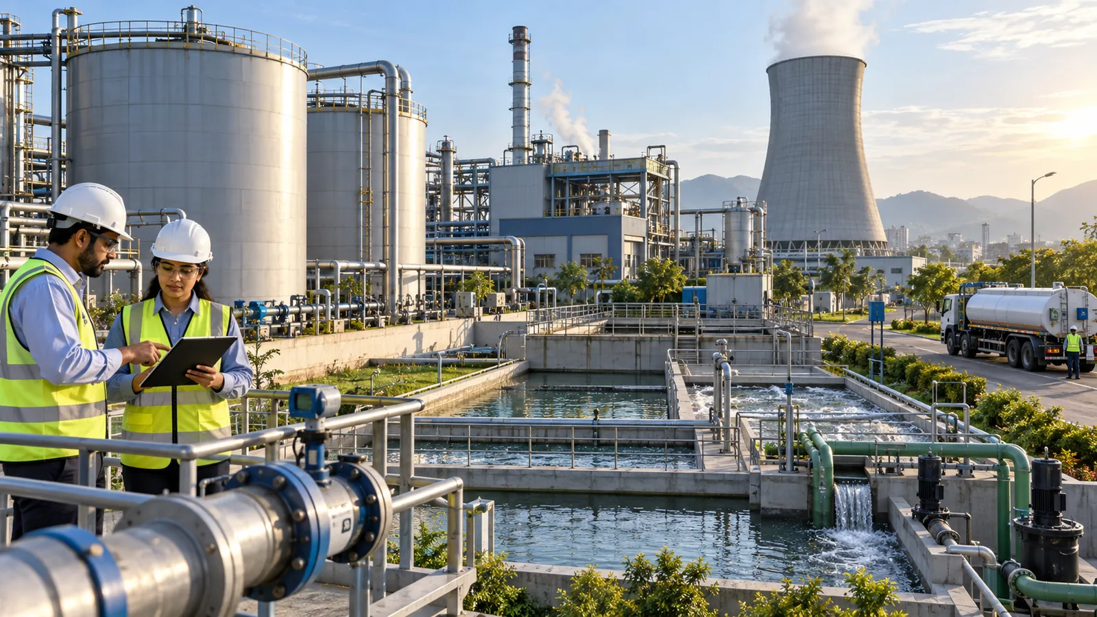 Industrial sustainability engineer monitoring emissions and renewable energy performance