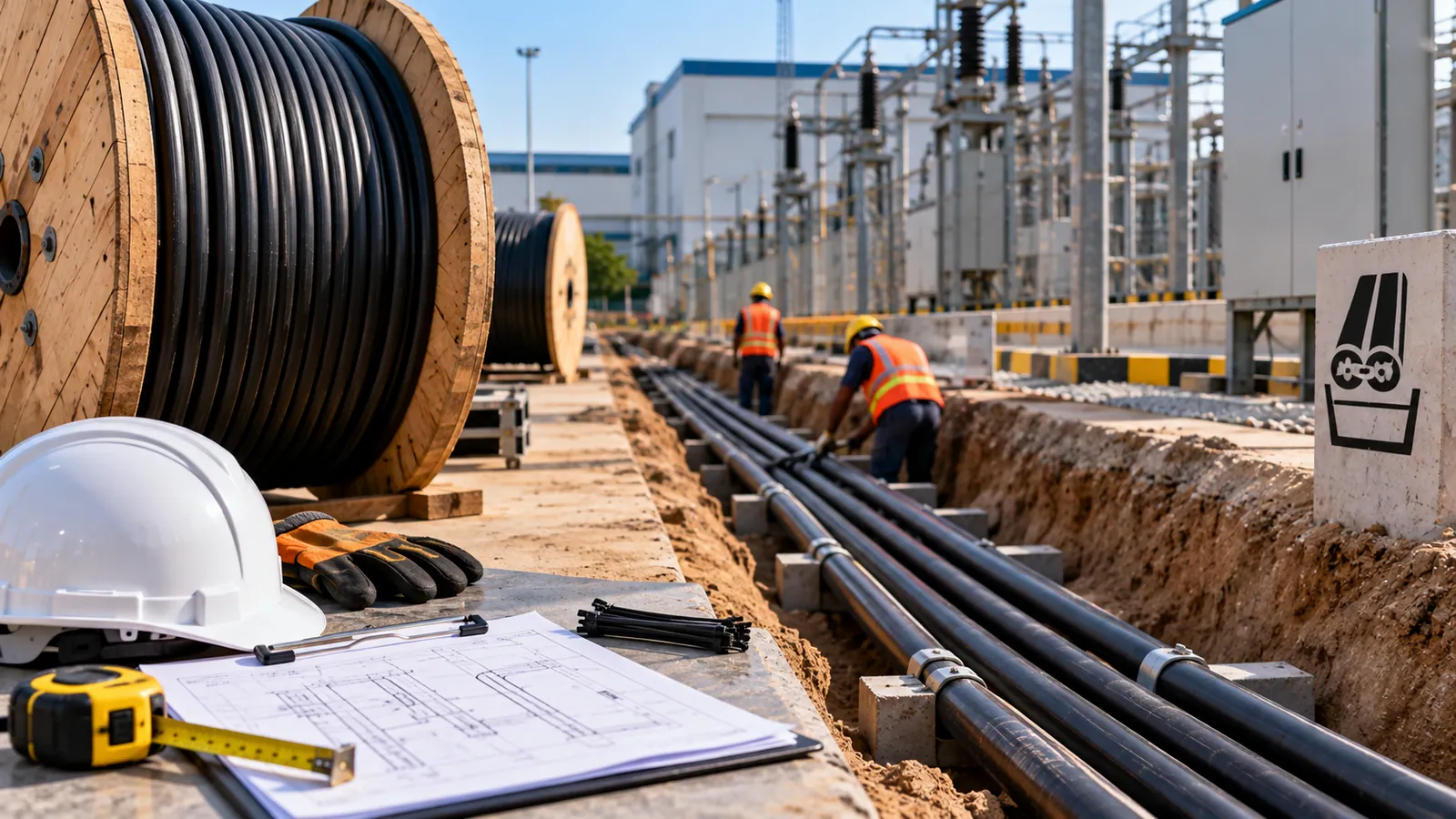Electrical engineer inspecting industrial power-cable installation work