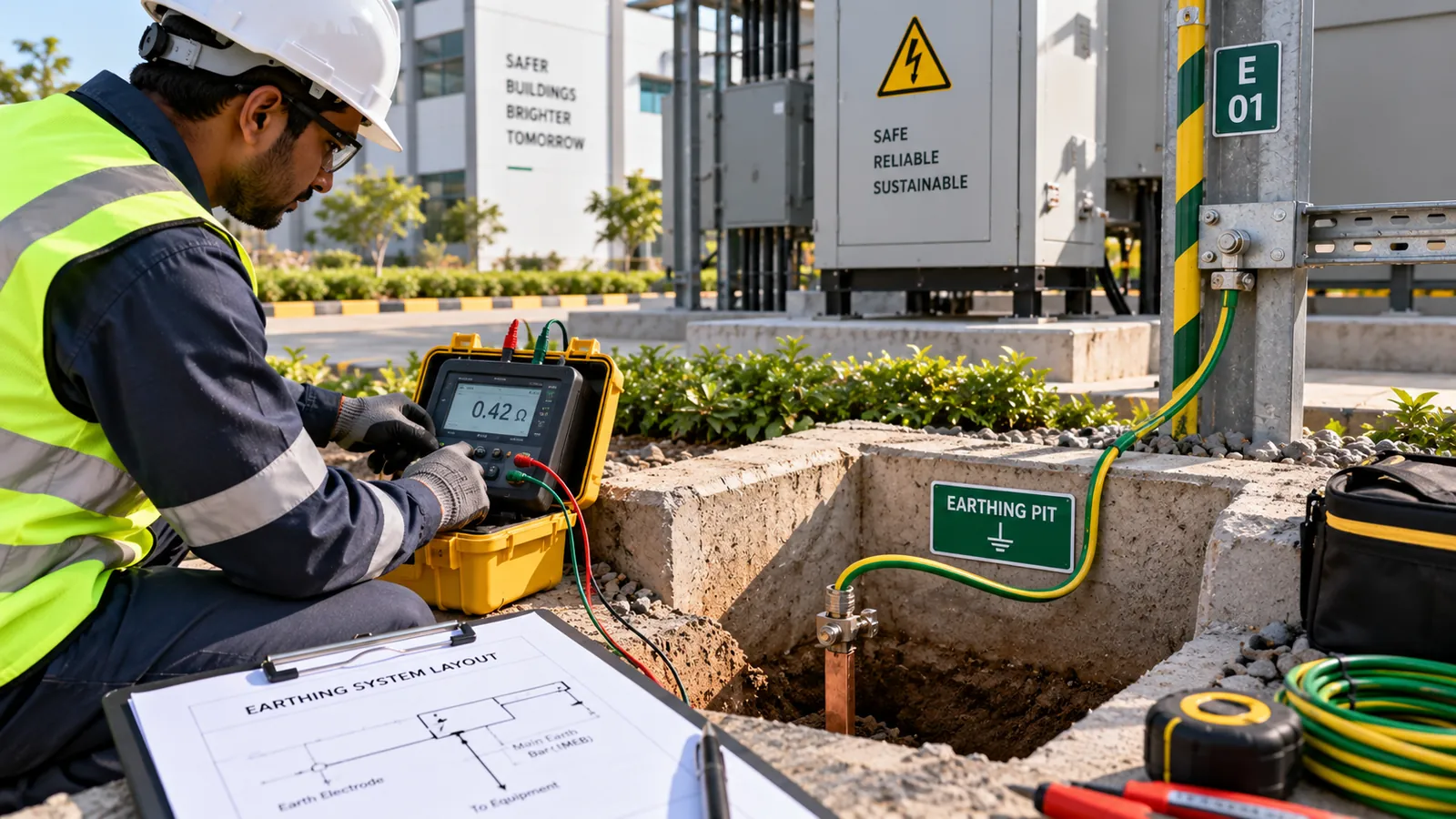 Electrical safety engineer testing an earthing system at a commercial building