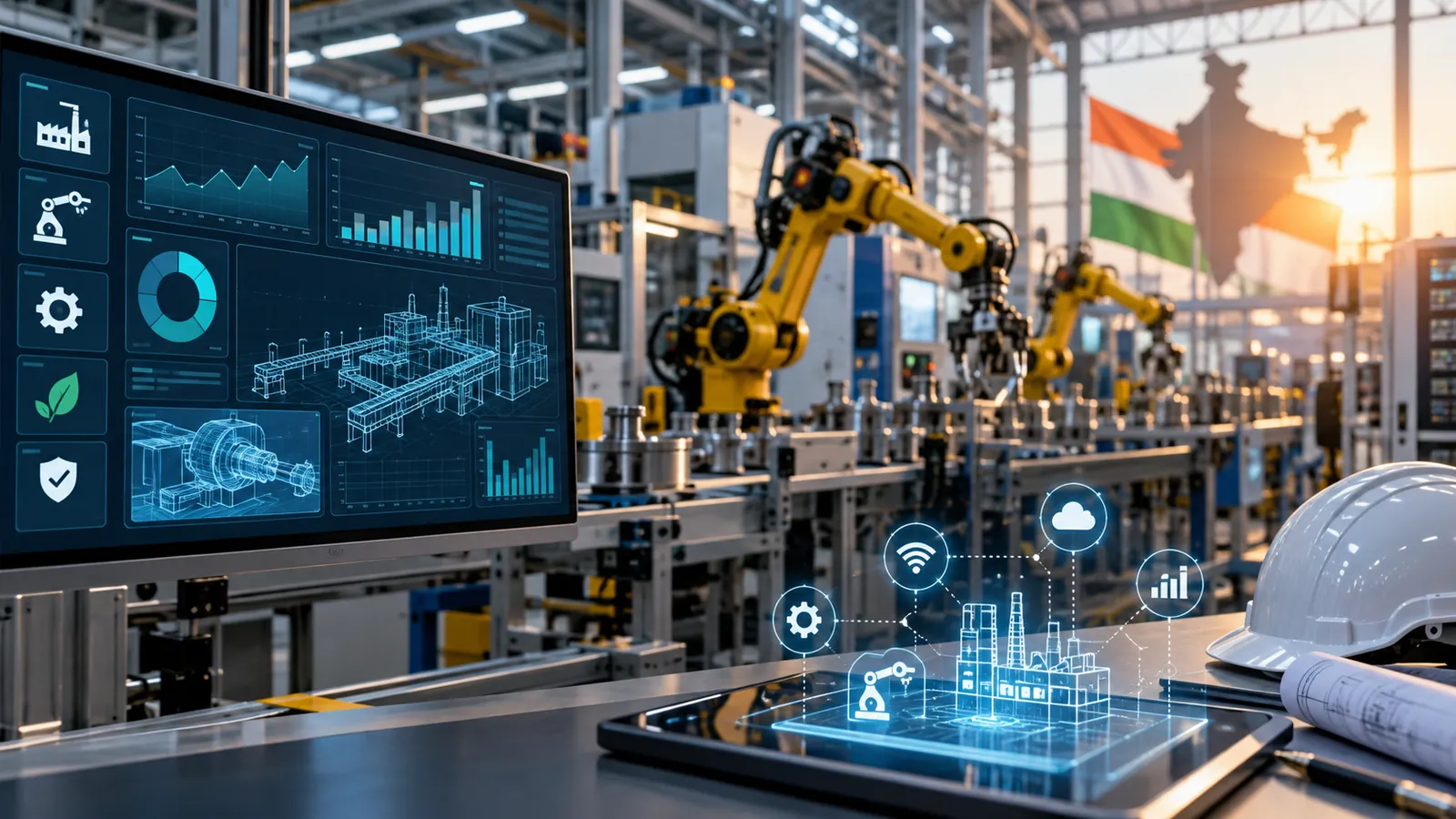 Industrial engineering workspace with technical drawings, instruments and performance data
