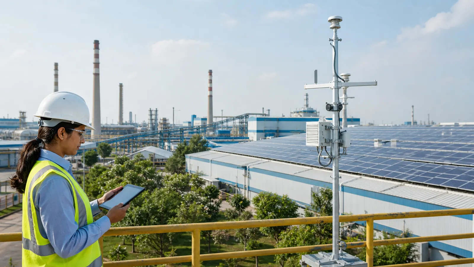 Environmental engineer monitoring industrial emissions and resource performance