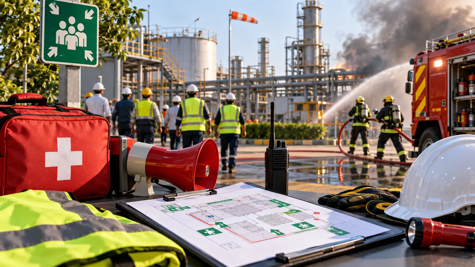 Emergency response team practising an evacuation at an industrial site