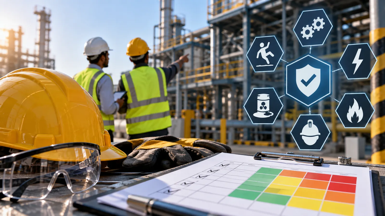 Safety professional reviewing workplace hazards in an industrial facility