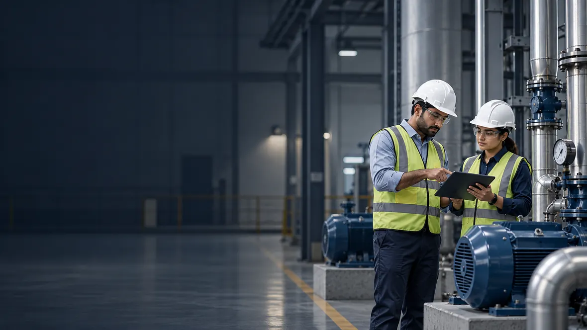 Engineers reviewing industrial equipment during an energy audit
